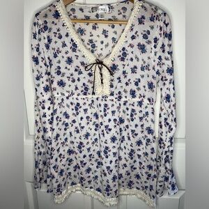 Decree White Cream and Blue Floral Lace Blouse, Cotton, Cottagecore, Spring